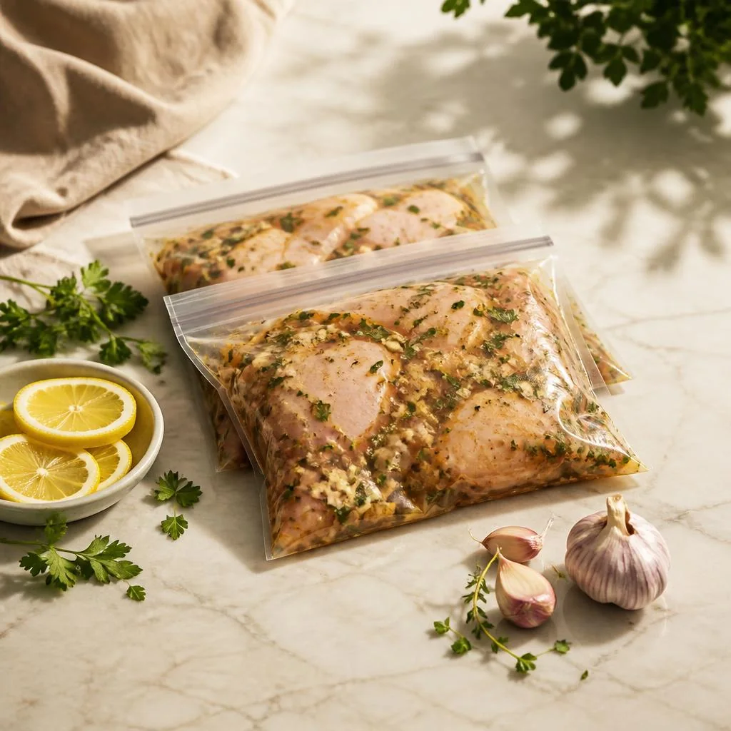 Pollo marinado listo para congelar
