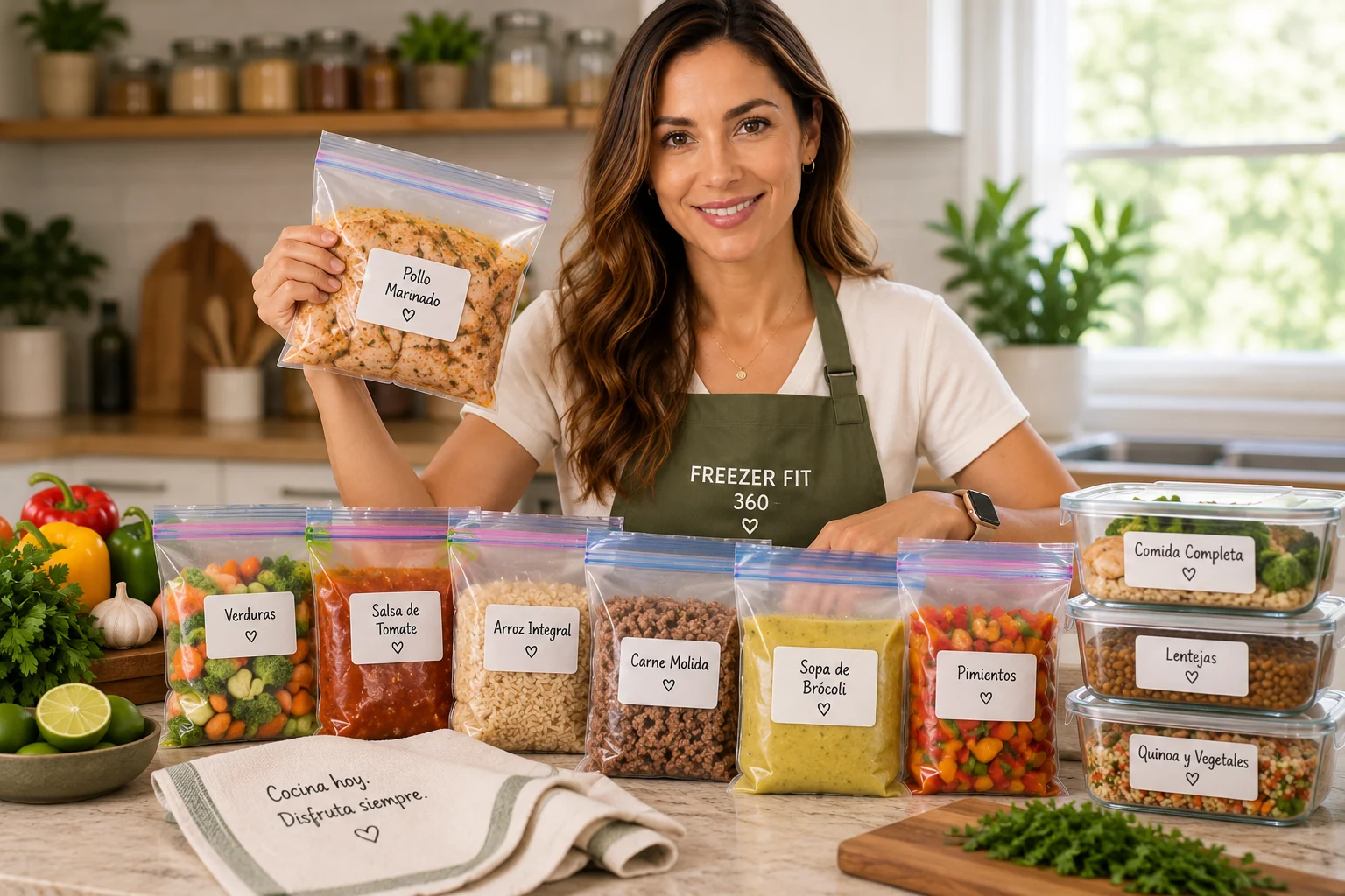 Sofía mostrando bolsas y recipientes con comidas preparadas de Freezer Fit 360 listas para congelar