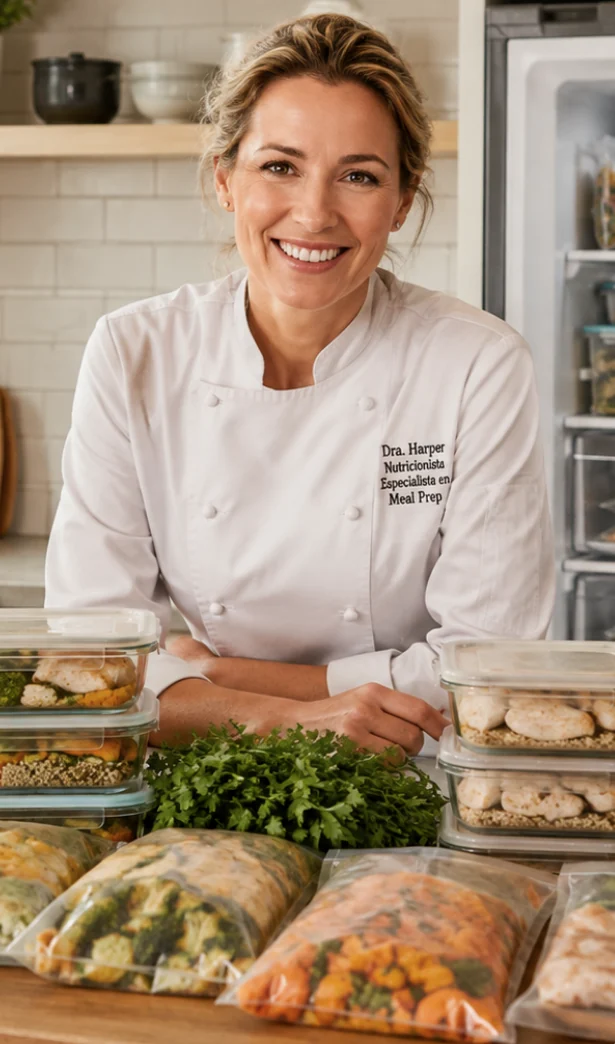 Emily Harper, chef profesional especializada en meal prep, sonriendo en una cocina moderna junto a recipientes y bolsas con comidas preparadas